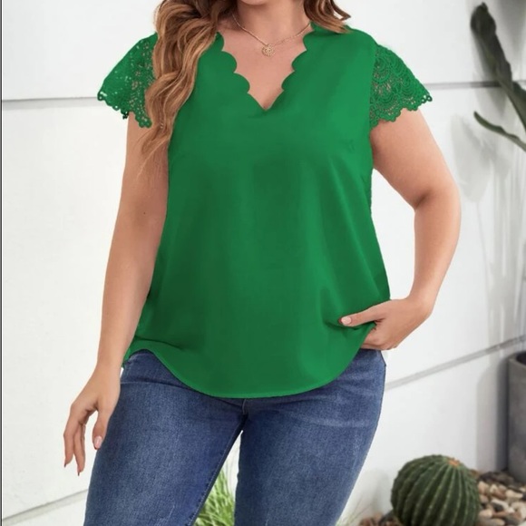 Plus Size Sheer Lace Sleeve Scallop Trim Top Blouse Shirt Green - Picture 3 of 16